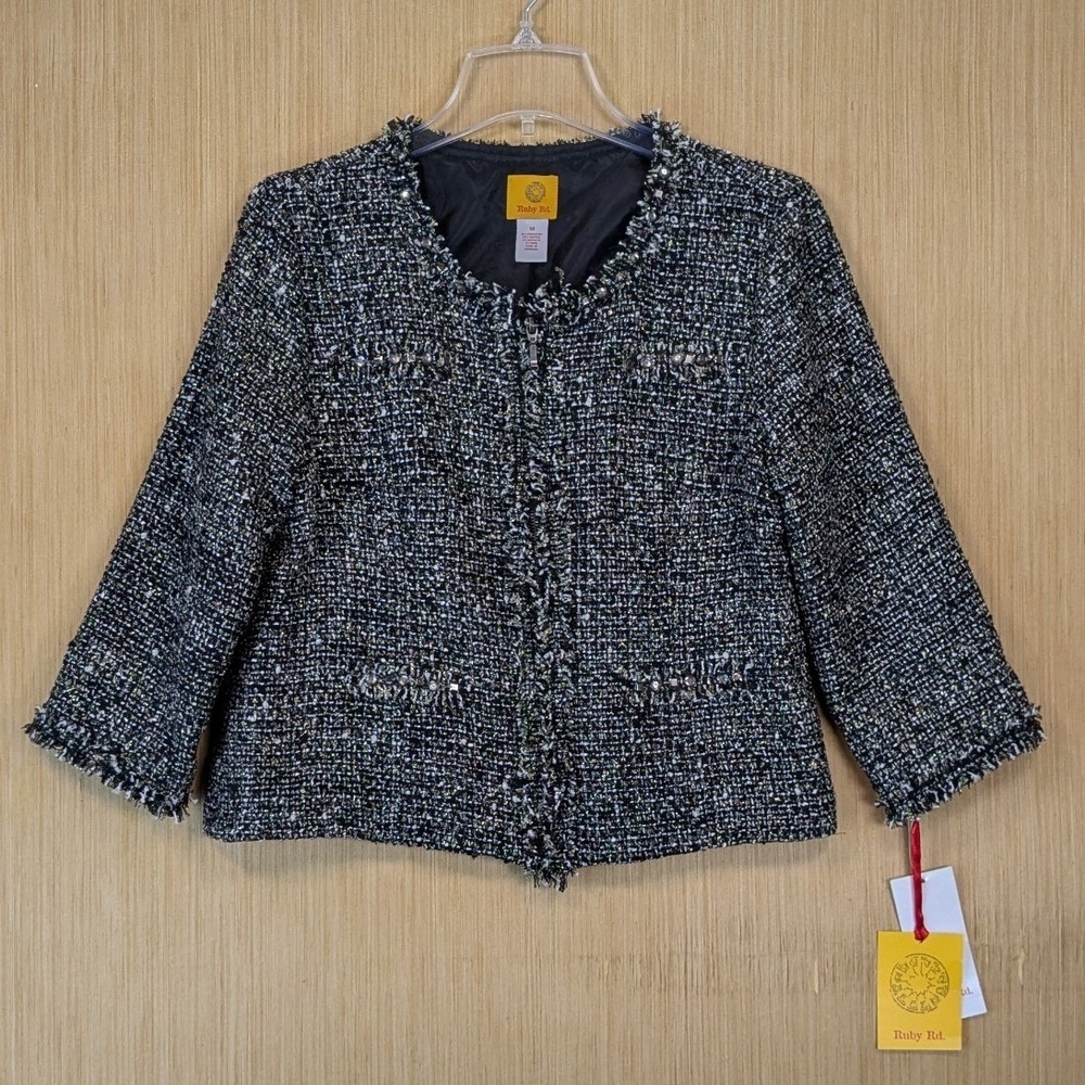Ruby Rd Womens Tweed Metallic Zip Front Jacket Black Embellished‎ Career 12 New